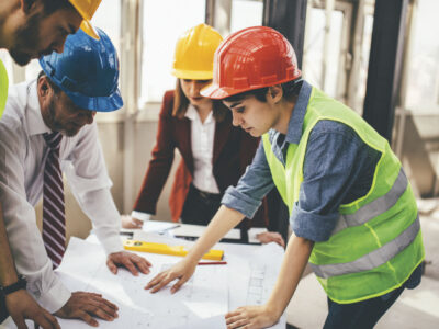 Group of construction workers gathered around table looking at blueprints