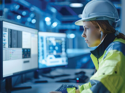Woman in construction vest and hard hat sitting at computer in IT room