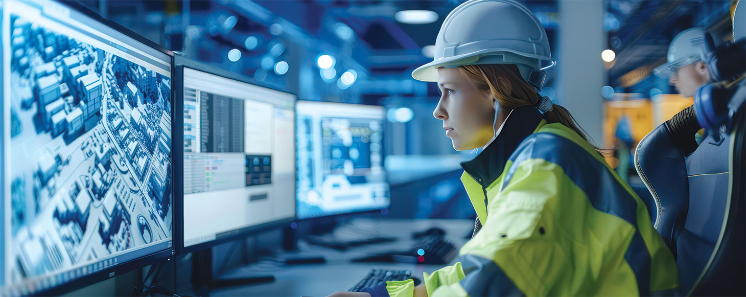 Woman in construction vest and hard hat sitting at computer in IT room