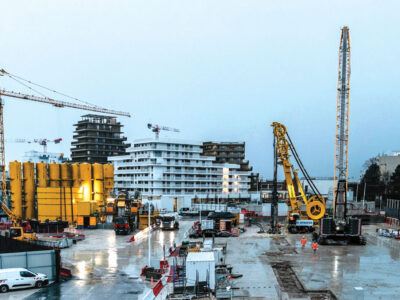 View of construction site at dusk