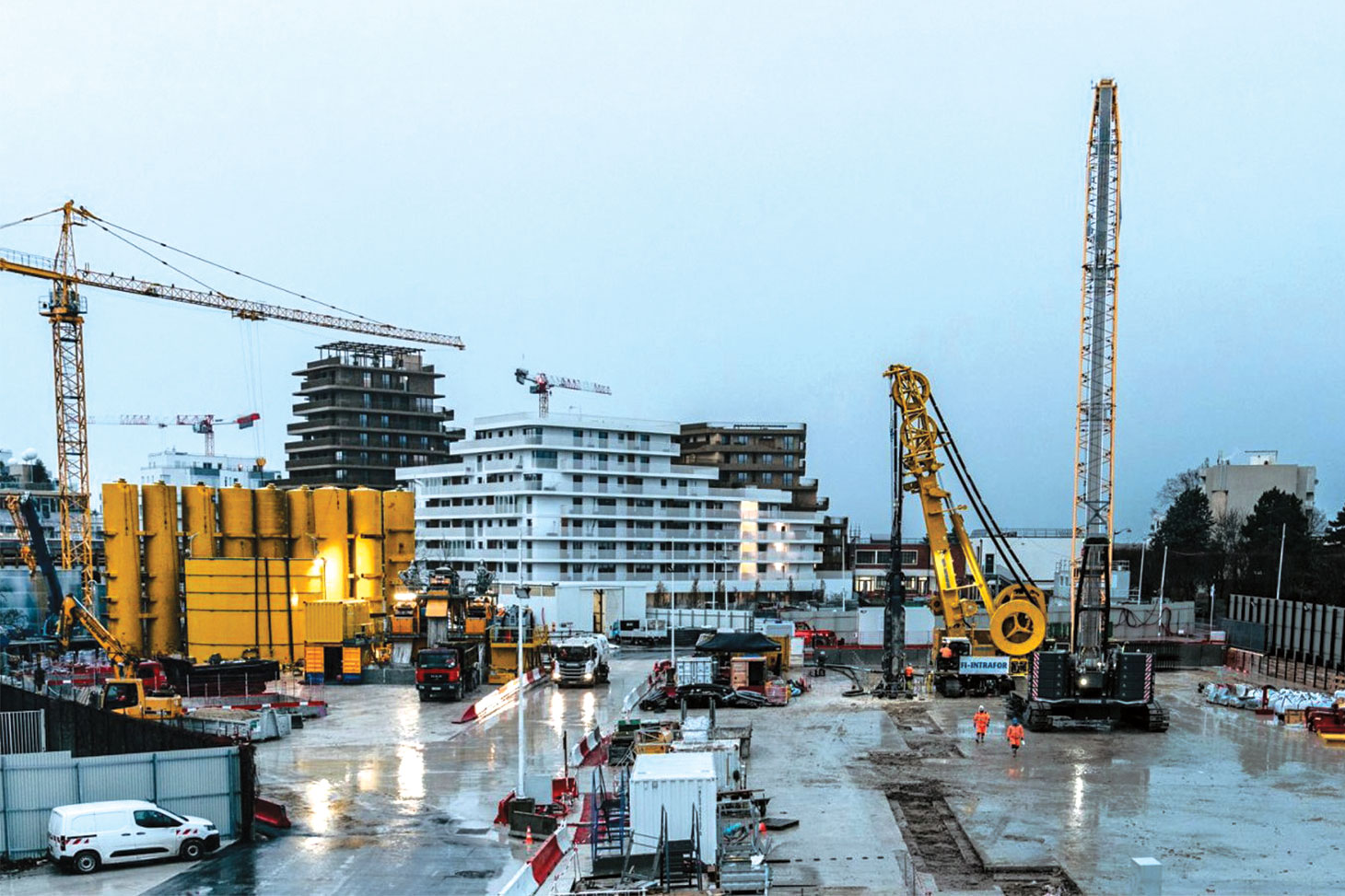 View of construction site at dusk