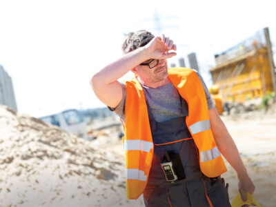 Tired construction worker wiping forehead at site