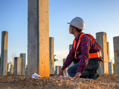 Construction engineer surveys checkpoints of concrete pile, load-bearing piles