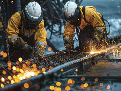 Industrial workers are welding steel structure at construction site with sparks flying