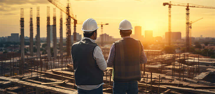 Engineer and architect working on building construction site with blueprint at sunset