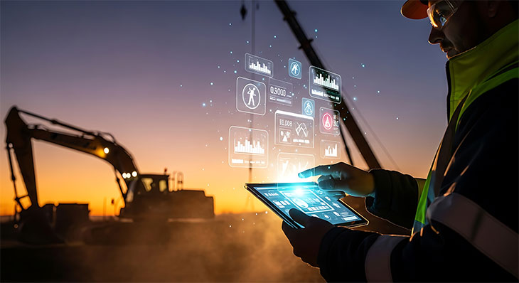 Construction worker wearing safety vest and hard hat uses a tablet displaying a holographic interface with charts and diagrams
