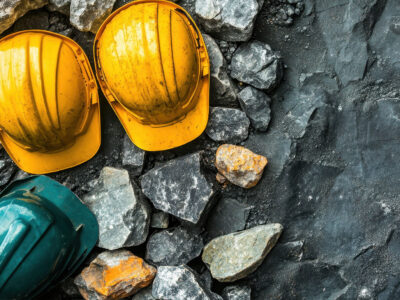 A pair of yellow hard hats rests atop a rocky surface on a construction site