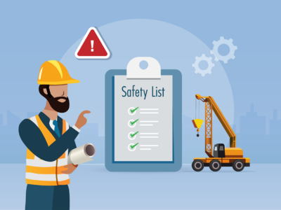 Vector illustration of construction worker, safety checklist, and heavy equipment machinery