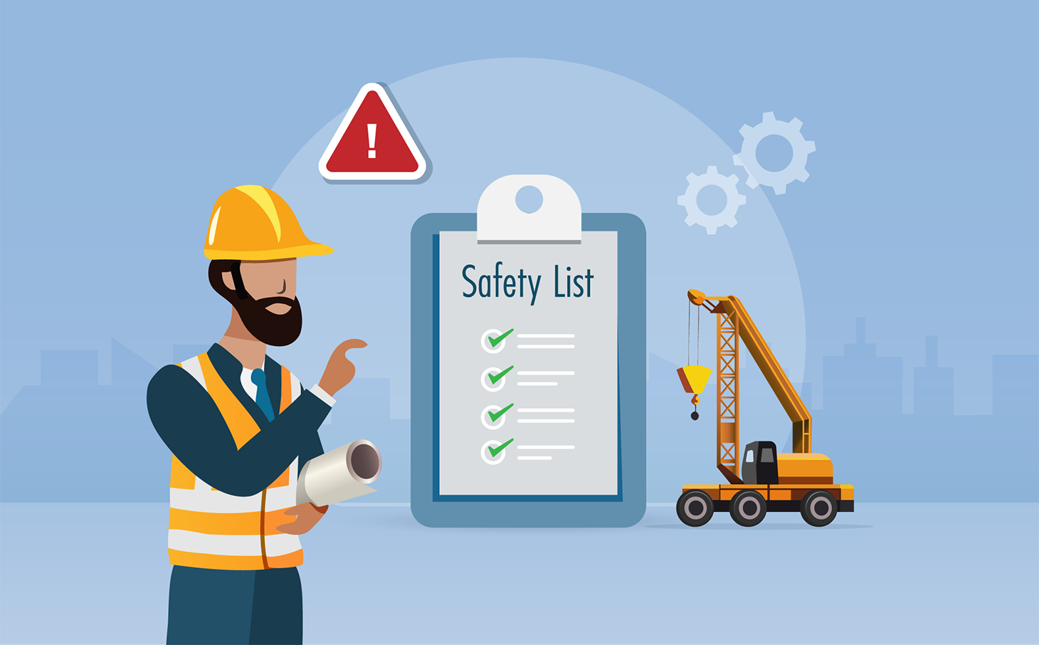 Vector illustration of construction worker, safety checklist, and heavy equipment machinery