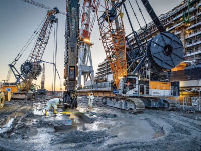 Liebherr crawler cranes on construction site