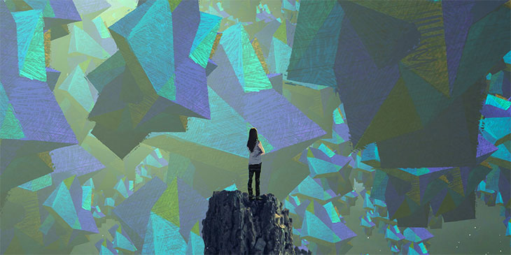 Illustration of person being in a dream in imaginary world