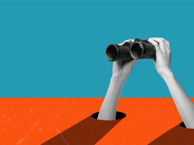 Art collage, hands holding binoculars on blue orange background