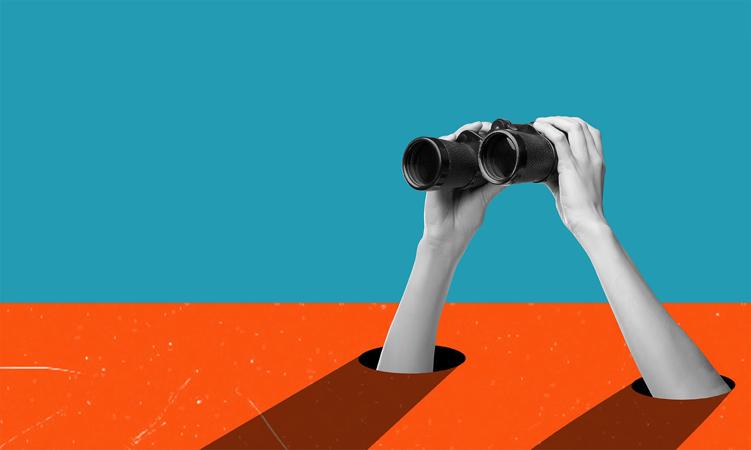 Art collage, hands holding binoculars on blue orange background