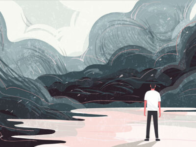 Illustration of man standing alone against dark abstract stormy landscape
