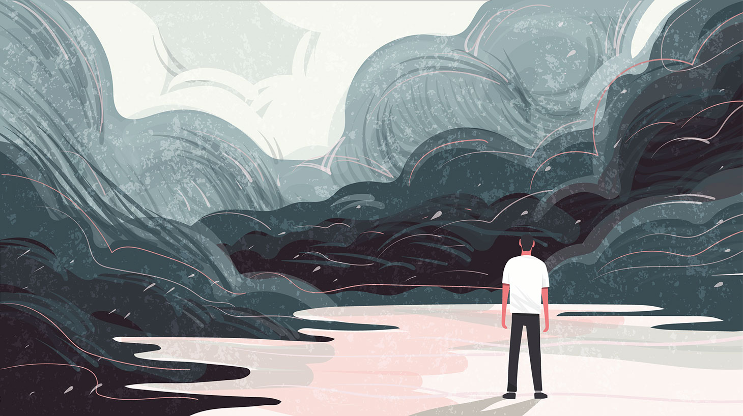 Illustration of man standing alone against dark abstract stormy landscape