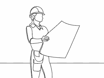 Continuous line drawing of construction worker holding paper