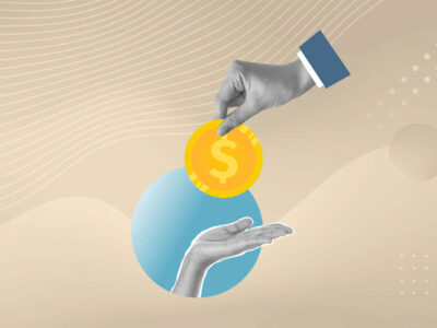 Illustration of hand placing coin in a waiting hand