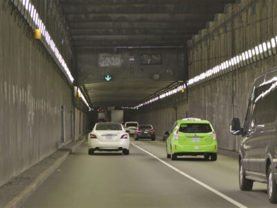 Looking southbound in the George Massey Tunnel, which carries British Columbia Highway 99 under the Fraser Highway South Arm between Delta and Richmond in the Greater Vancouver region