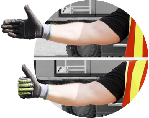 Man in safety gear demonstrating hand/arm signals