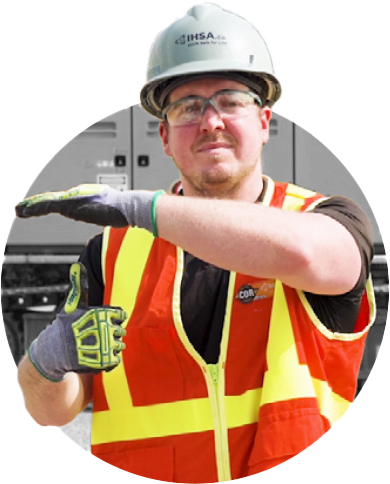 Man in safety gear demonstrating hand/arm signals