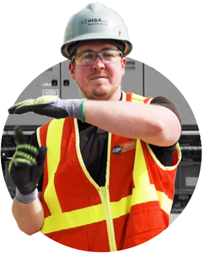 Man in safety gear demonstrating hand/arm signals