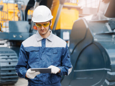 Male worker in protective gear using tablet near heavy machinery