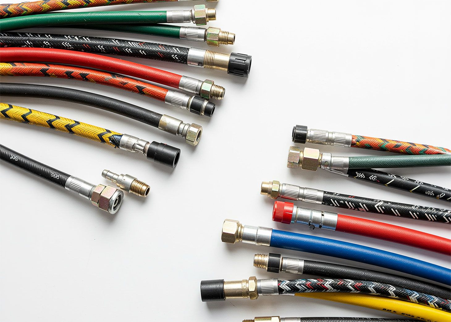 multi-colored hydraulic hose assemblies on white background