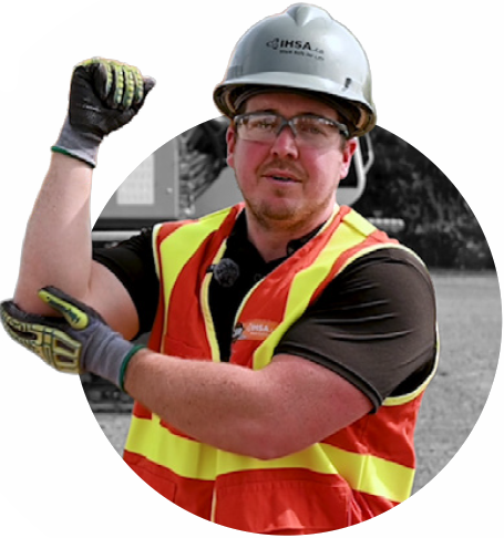Man in safety gear holding bottom of elbow